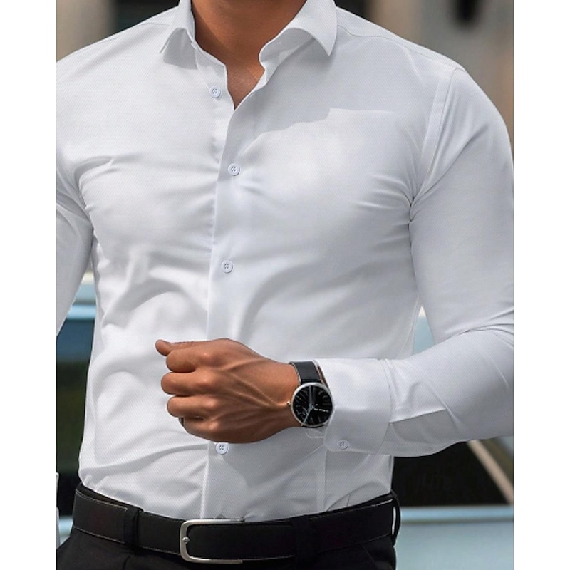 Men's Dress Shirt Homecoming Regular Fit Long Sleeve Lapel Summer Solid Color Cotton Cotton Blend White 20253