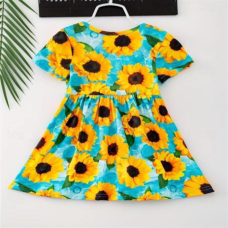3pcs Girls Charming Short Sleeve Dress Set - Adorable Striped & Polka Dot Print with Sunflower Accent - Lightweight Summer Wear for Parties and Gifts3
