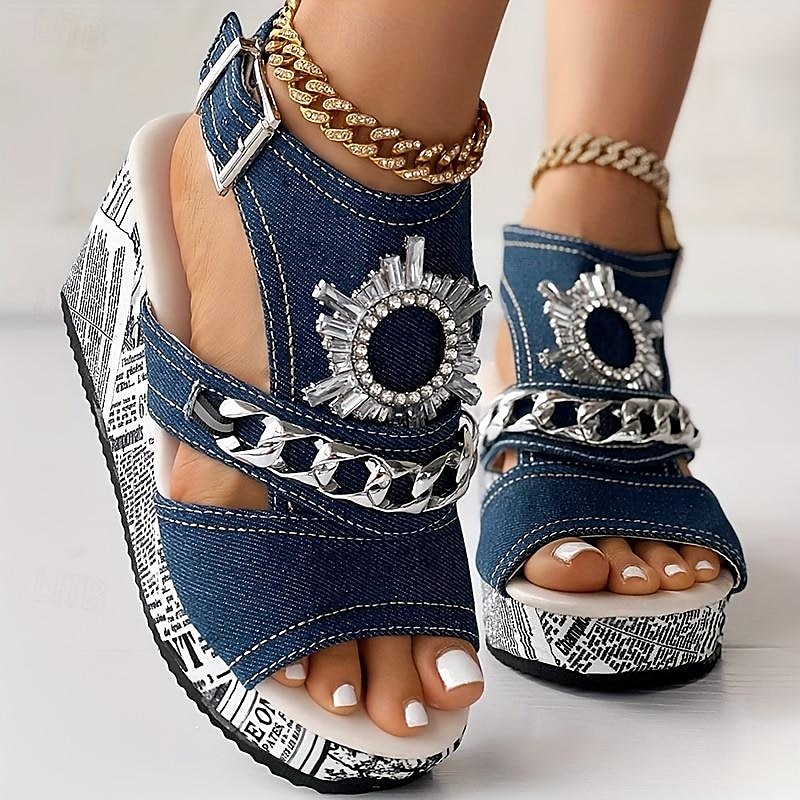 Women's Denim Platform Wedge Sandals with Rhinestone Chain Detail and Newspaper Print Sole, Trendy Peep Toe Summer Shoes for Streetwear and Party Outfits3