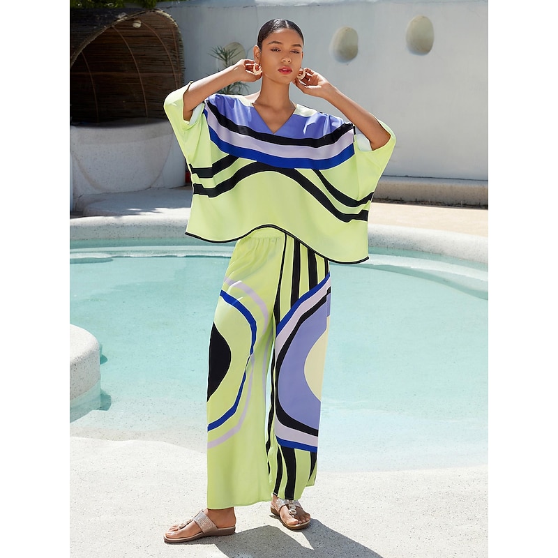 Satin V Neck Geometric Print Poncho Blouse3