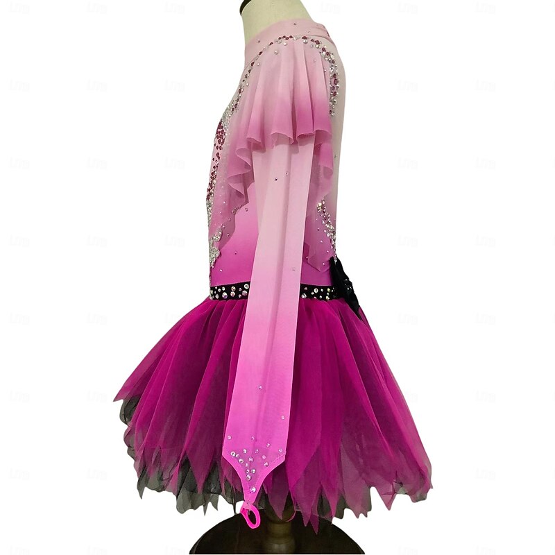Figure Skating Dress Women's Girls' Ice Skating Dress Dark Pink Thumbhole Halo Dyeing Mesh Spandex Stretchy Training Practice Professional Skating Wear Thermal Warm Classic Crystal / Rhinestone Long3