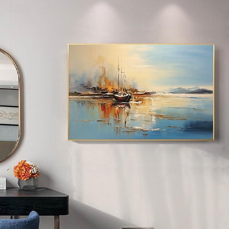 Abstract Coastal Landscape Oil Painting on Canvas Large Wall Art Original Blue Sailboat Art painting Ocean Art Custom Painting for Living Room bedroom wall Decor