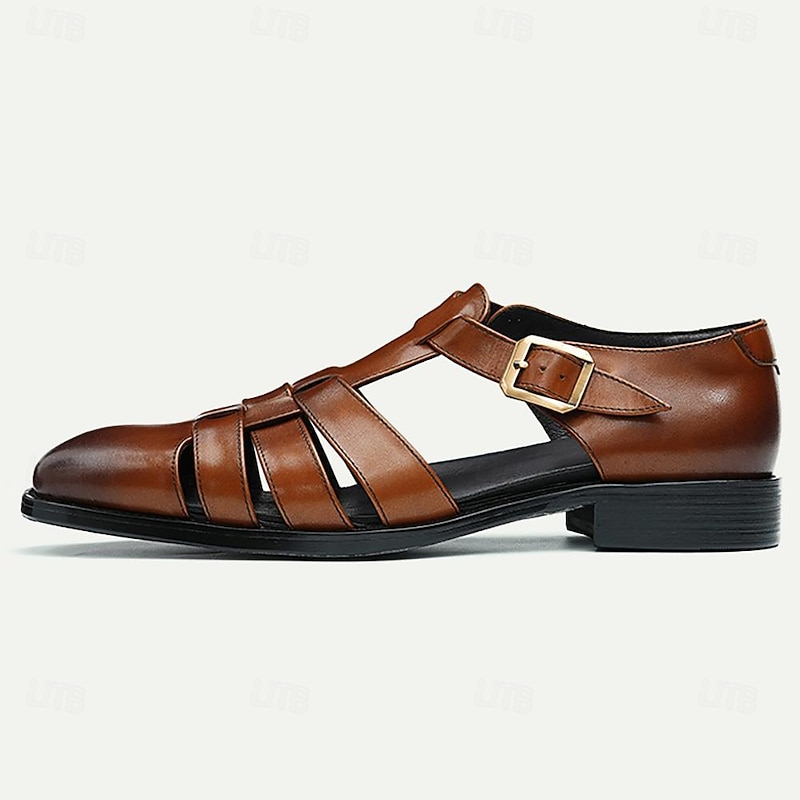 Men's Brown Premium Cowhide Leather Sandals – Open-Toe Gladiator Style with Buckle Closure, Comfortable and Breathable Casual Shoes for Summer4