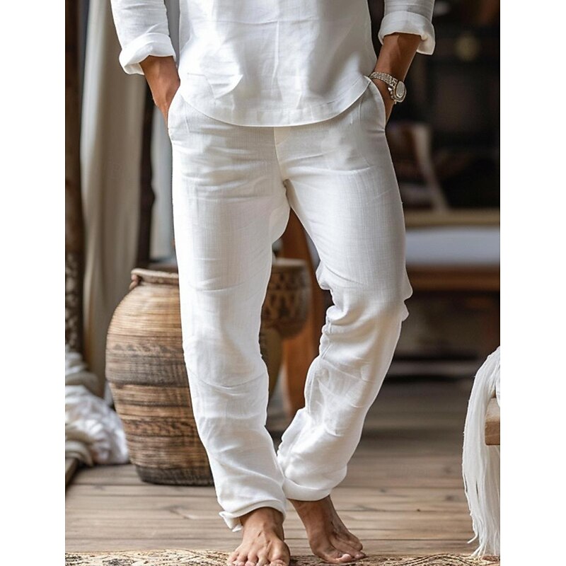 Men's Linen Pants Trousers Beach Pants Pocket Drawstring Plain Comfort Breathable Home Daily Stylish Classic Style Black White Micro-elastic