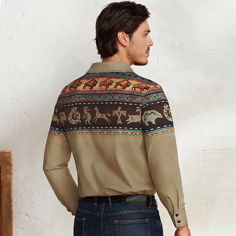Men's Tribal Bandana Print Shirt Western Shirt Cowboy Shirt Long Sleeve Vintage Tribal Outdoor Street Casual Daily Fall & Winter Turndown Buttons Print Yellow Gray2