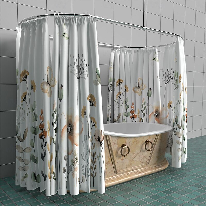 Shower Curtain with Hooks 180cm*180cm(70"*70") Polyester Washable Waterproof Pattern Bathroom Bathtub Decor Vintage Butterfly Flowers4