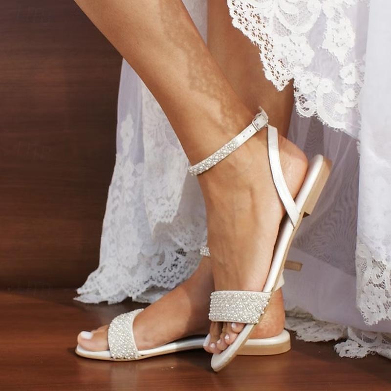Women's Ivory Rhinestone Wedding Sandals - Elegant Bridal Flats with Ankle Strap for Special Occasions