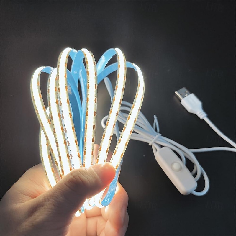 Waterproof COB USB 5V LED Strip Light, High Gloss LED Soft Flexiable Strip Light with USB Switch 3.28-16 ft (1-5M) 480 LED/Meter Waterproof Flexible Self-adhesive Safety Tape Light Suitable for Kitchen Garage TV Wall and Home DIY Lighting2