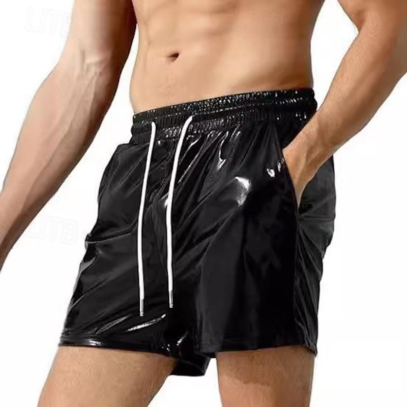 Men's Casual Shorts Faux Leather Shorts Shiny Metallic Solid Colored Sports Short Casual Club Fashion Casual Silver Black Low Waist Micro-elastic2