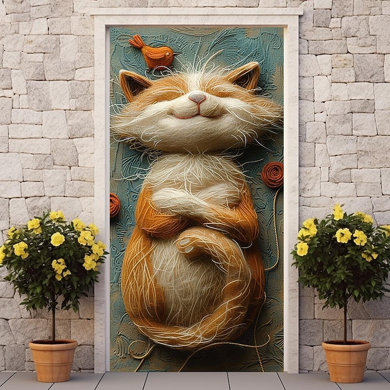 Cute Fur Cat Door Covers Mural Decor Door Tapestry Door Curtain Decoration Backdrop Door Banner Removable for Front Door Indoor Outdoor Home Room Decoration Farmhouse Decor Supplies3