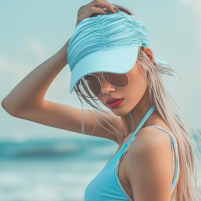 Fshion Solid Color Women's UV Sun Protection Wide Brim Visor Fashion Print Ruched Sun Protection Empty Summer Beach Hat3