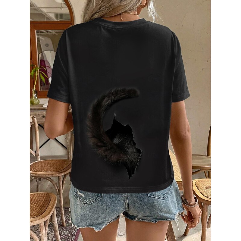 Women's T Shirt Fashion Cat Print Short Sleeve Regular Tops Round Neck Daily Weekend Black Summer 3D cat3