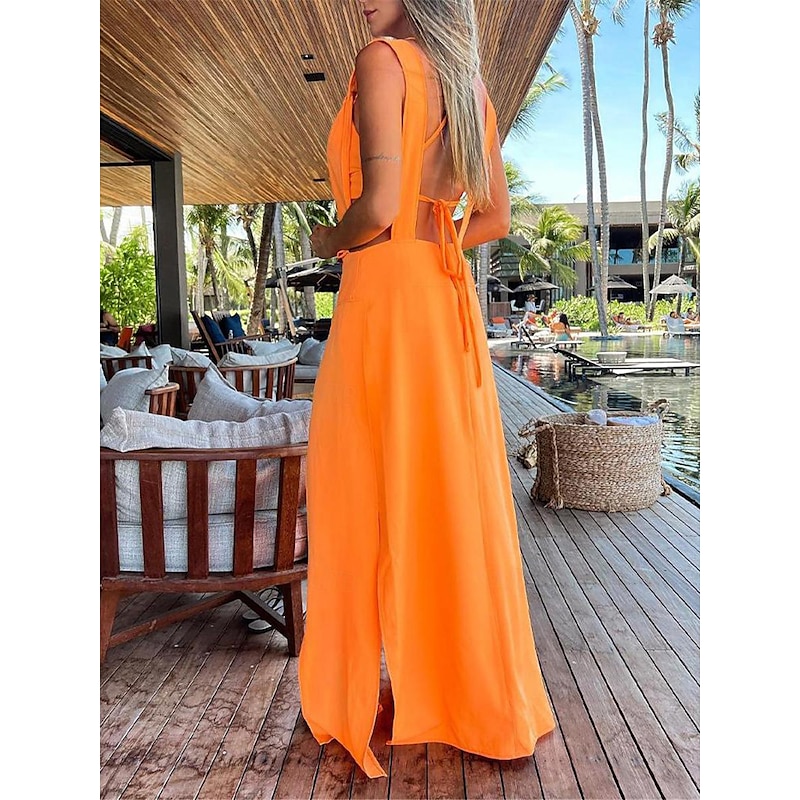 Women's Dress Set Casual Dress Skirt Set Swing Dress Fashion Modern Floral Plain Backless Split Long Dress Maxi Dress Sleeveless V Neck Outdoor Vacation Yellow Red Orange Summer Loose Fit2