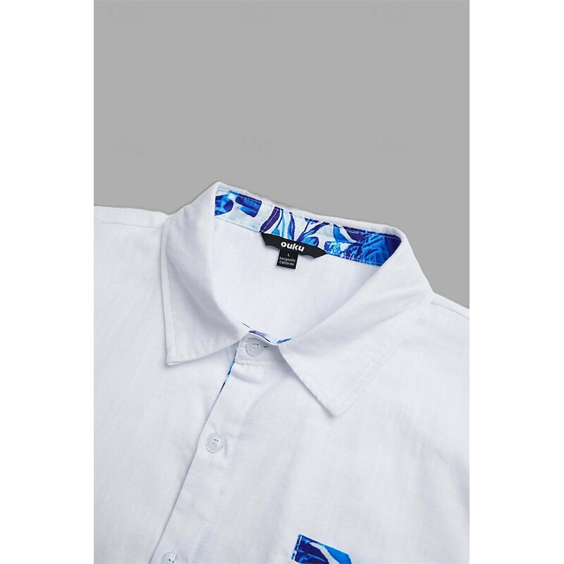 Men's Shirt Linen Shirt Summer Shirt Beach Wear Button Up Shirt Leaf Vacation Casual White Blue Dark Blue Long Sleeve Lapel Spring & Summer Clothing Apparel Patchwork2