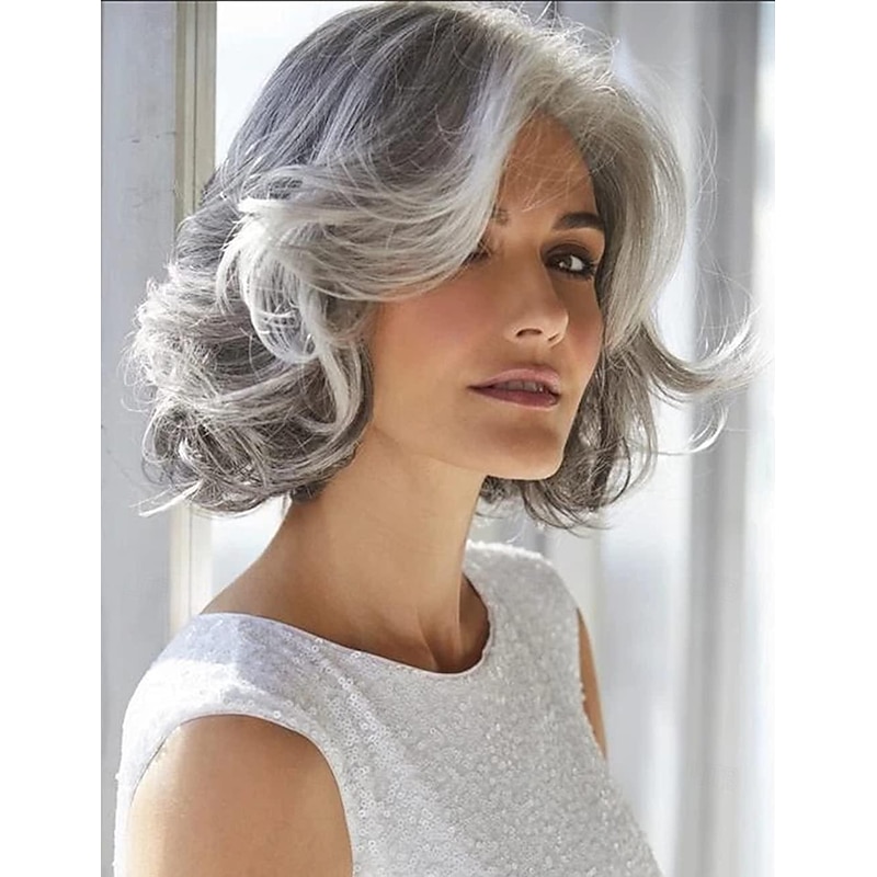 Grey Wig Short Grey Wavy Wigs for Women Mixed Gray Curly Synthetic Wig Mid-length Salt and Papper Wig Natural Daily Costume Old Lady Wig