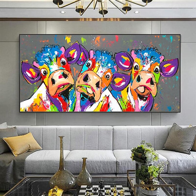 Mintura Handmade Abstract Cow Aniamls Oil Paintings On Canvas Wall Art Decoration Modern Cartoon Picture For Home Decor Rolled Frameless Unstretched Painting4