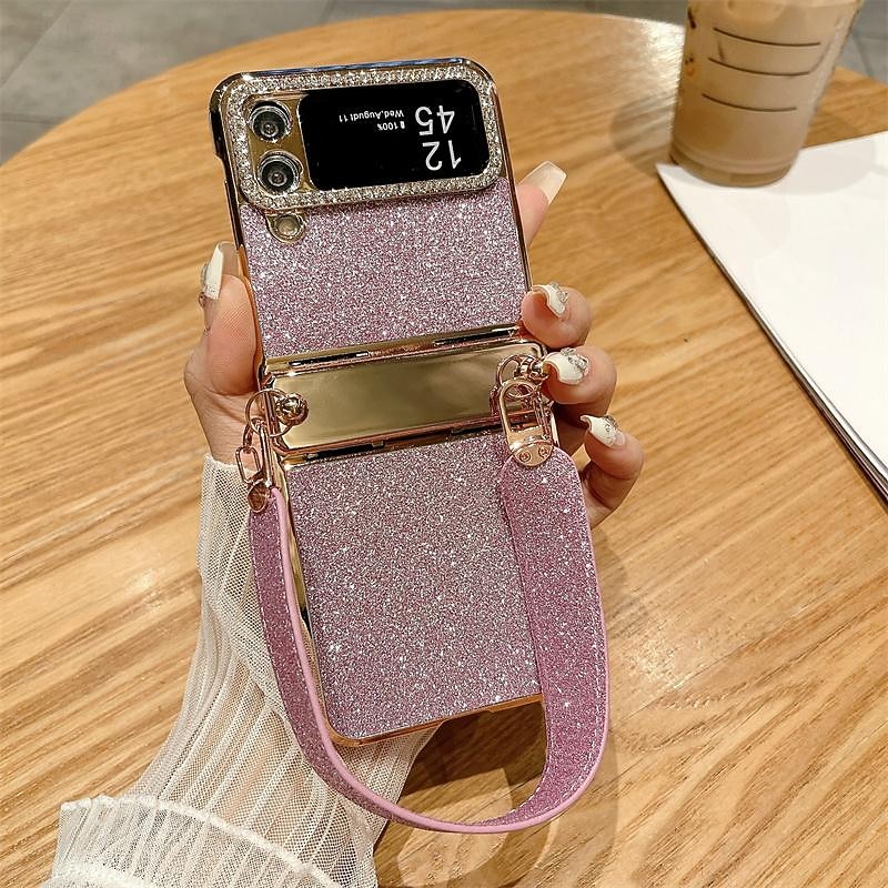 Phone Case For Samsung Galaxy Z Flip 6 Z Flip 5 Z Flip 4 Z Flip 3 Back Cover with Wrist Strap Bling Glitter Shiny Shockproof Plating PC Metal3