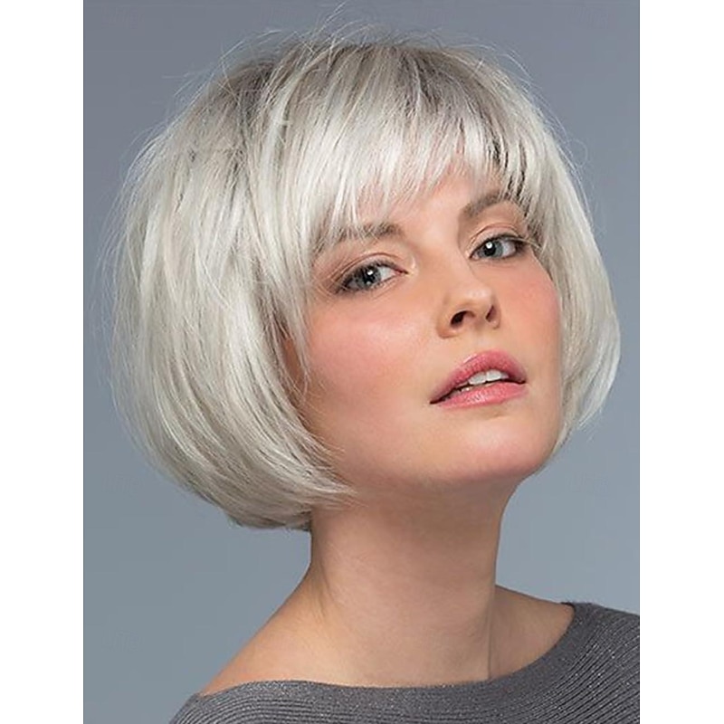 Short Ombre White Blonde Bob Wigs for White Women with Bangs Chin Length Layered Mixed Blonde Cute Straight Pixie Bob Wig Synthetic Natural Looking Daily Party Wig