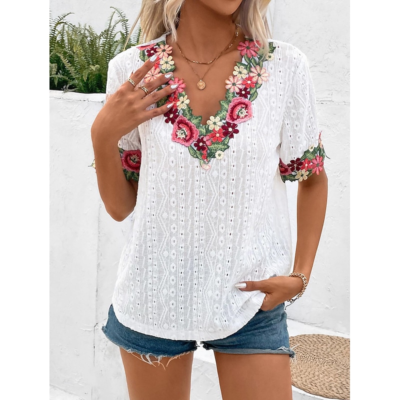 Women's White Elegant Lace Tops Eyelet Blouse Floral Embroidery V-Neck Half Sleeve White Summer Casual Outdoor Everyday Wear Romantic Petite Tops Summer Holiday Wear