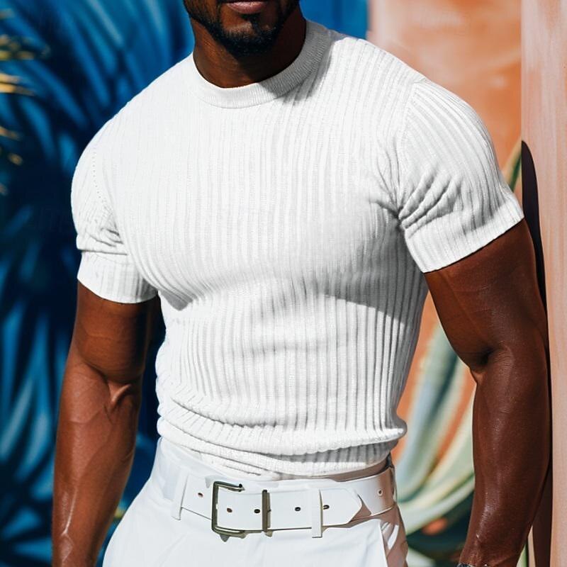 Men's Short Sleeve Shirt Muscle Shirt Ribbed Knit tee Tee Top Short Sleeve Crew Neck Summer Spring & Summer Solid Color Pit Strip Sports Daily Ribbed Outdoor Casual Dark Grey White Royal Blue Top Tee4