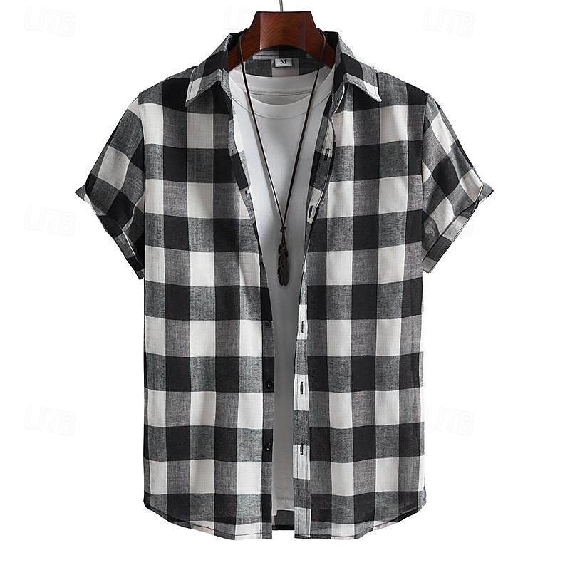 Men's Shirt Summer Shirt Casual Shirt Beach Shirt Button Up Shirt Checked Shirts Black Short Sleeve Plaid Turndown Vacation Hawaiian Clothing Apparel Polyester Fashion Casual Comfortable2