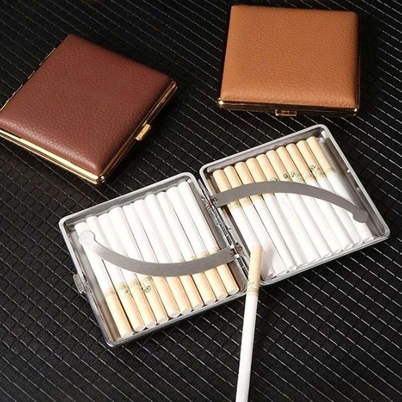 Premium Genuine Leather Cigarette Case, Metal Frame, Magnetic Closure, Elegant Design for Men, Holds 20 Cigarettes