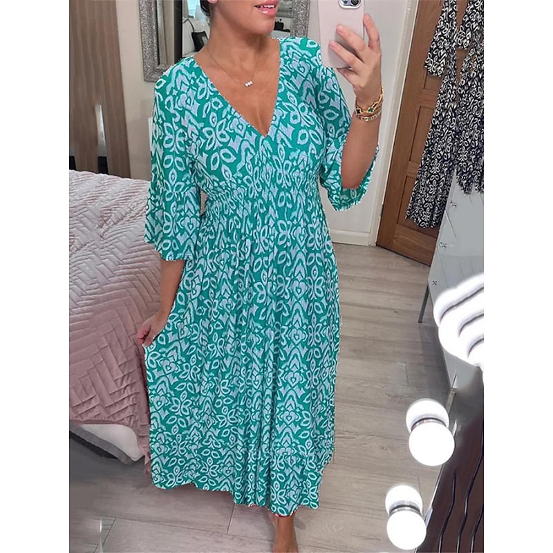 Women's Casual Dress Floral Print V Neck Long Dress Maxi Dress Ethnic Casual Daily Vacation 3/4 Length Sleeve Summer