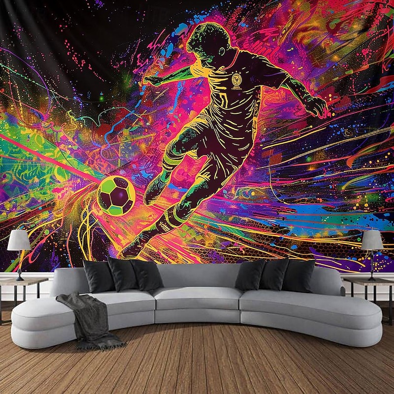 Blacklight Tapestry UV Reactive Glow in the Dark Glow Party Neon Athelets Football Psychedelic Trippy Misty Hanging Tapestry Wall Art Mural for Living Room Bedroom