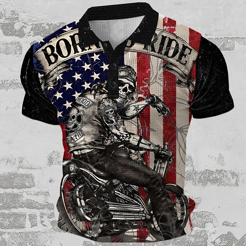 Day of the Dead Men's American Flag Patriotic Waffle Polo Shirts Golf Shirt Short Sleeve Polo Shirts Collared Shirts Streetwear Vacation Wear Party Outfits 3D Print Buttons Summer Spring Black