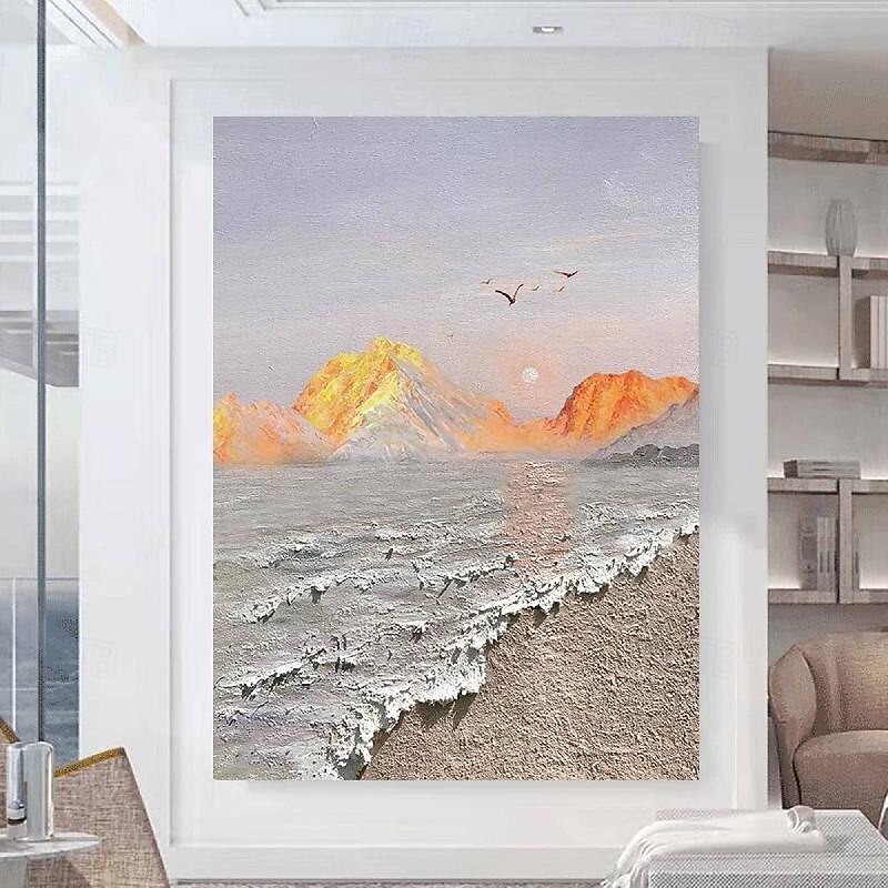 Hand painted 3D minimalism abstract canvas painting handmade tonal wave art textured mountain sea painting wall art wabi-sabi wall art painting for living room painting stylish room decoration