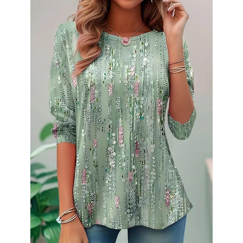 Women's Blouse Sequin Floral Print Three-Quarter Sleeve Keyhole Neckline Elastic Cuffs Loose Fit Golden Yellow Spring Summer Elegant Day to Evening Wear Versatile Top2