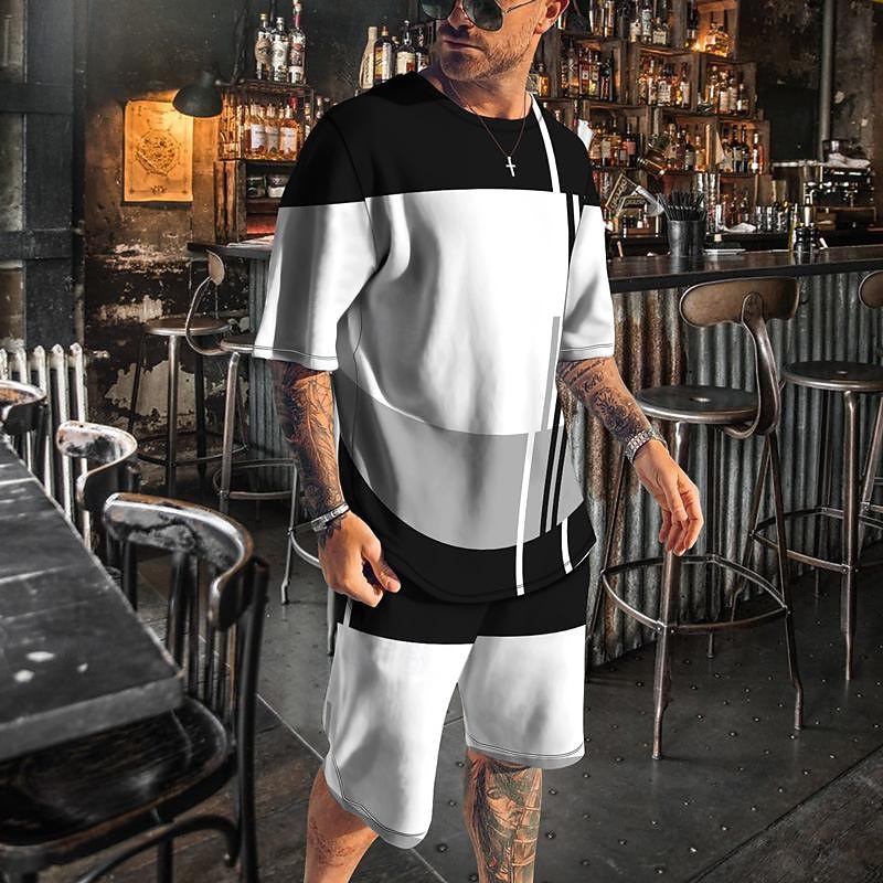 Men's T-shirt Suits 2 Pieces Outfits Tee & Shorts Short Sleeve Crew Neck Summer Color Block Fashion Casual 2 Piece Vacation Daily Wear Going out White Blue Gray Top Tee for Men