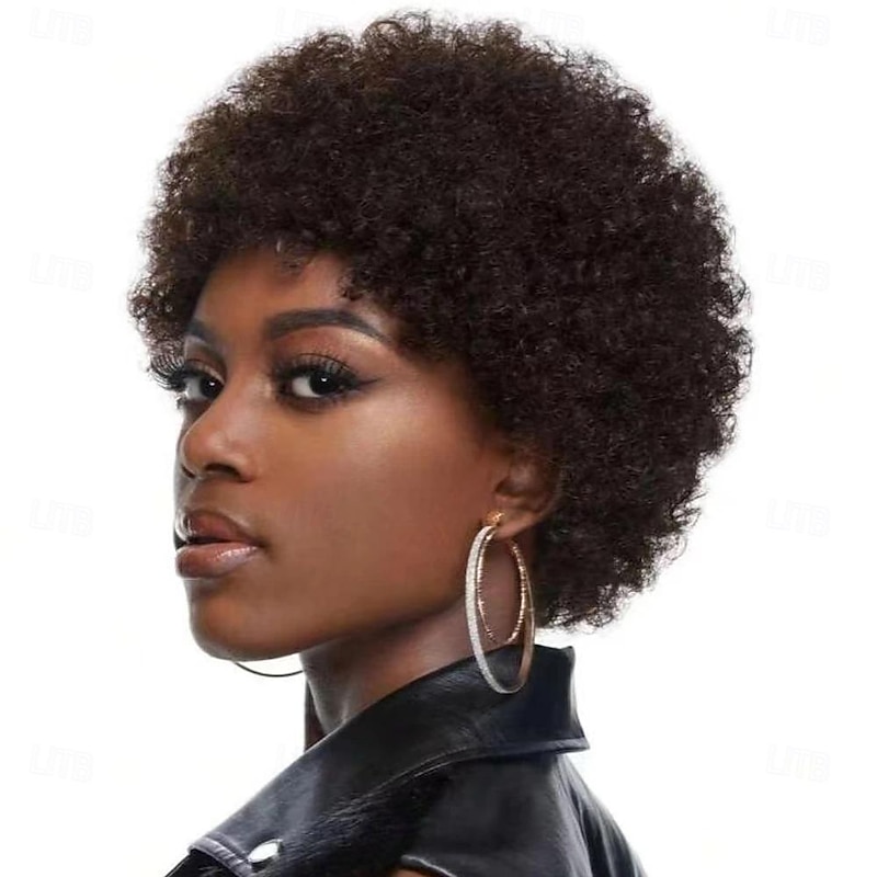 Afro Kinky Curly Bangs Wig For Women Afro Pixie Cut Short Human Hair Wig Soft Curly Afro Wig Natural Looking For Daily Use4