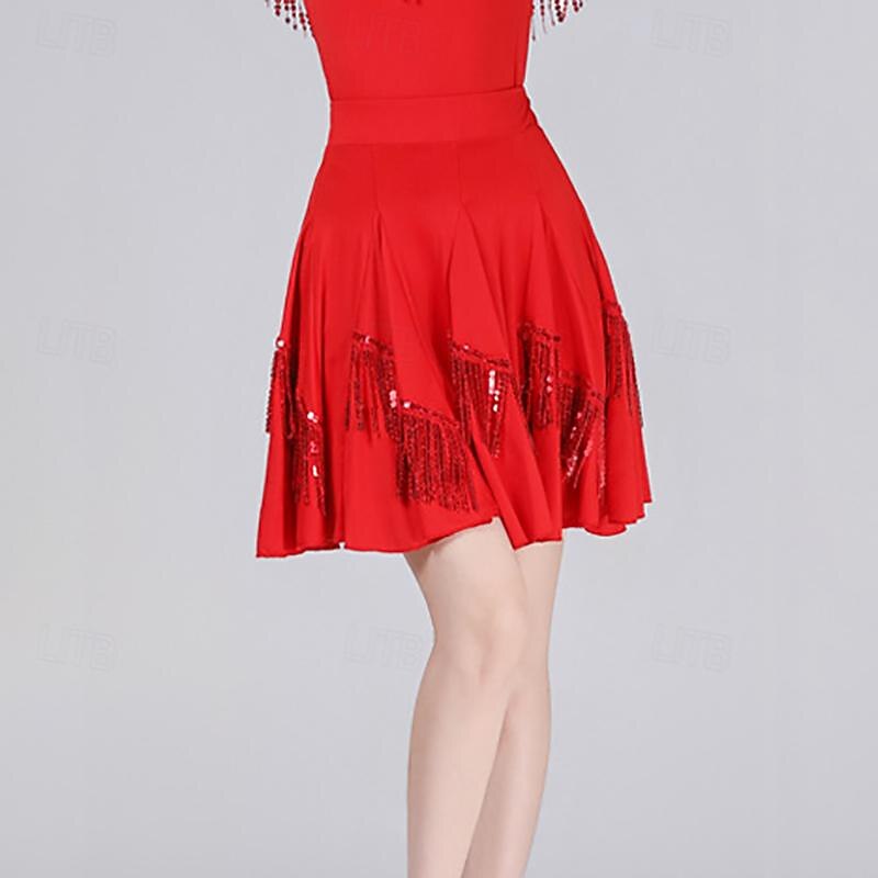 Latin Dance Ballroom Dance Skirts Pure Color Splicing Paillette Women's Performance Training High Polyester3
