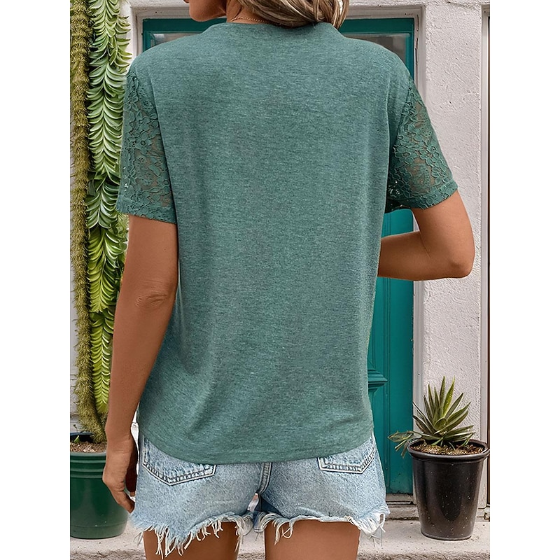 Women's Tunic Dressy Tops Solid Color Plain Daily Stylish Short Sleeve V Neck Regular Tops Vacation Daily Lace Pleated Army Green Summer Spring Fall2