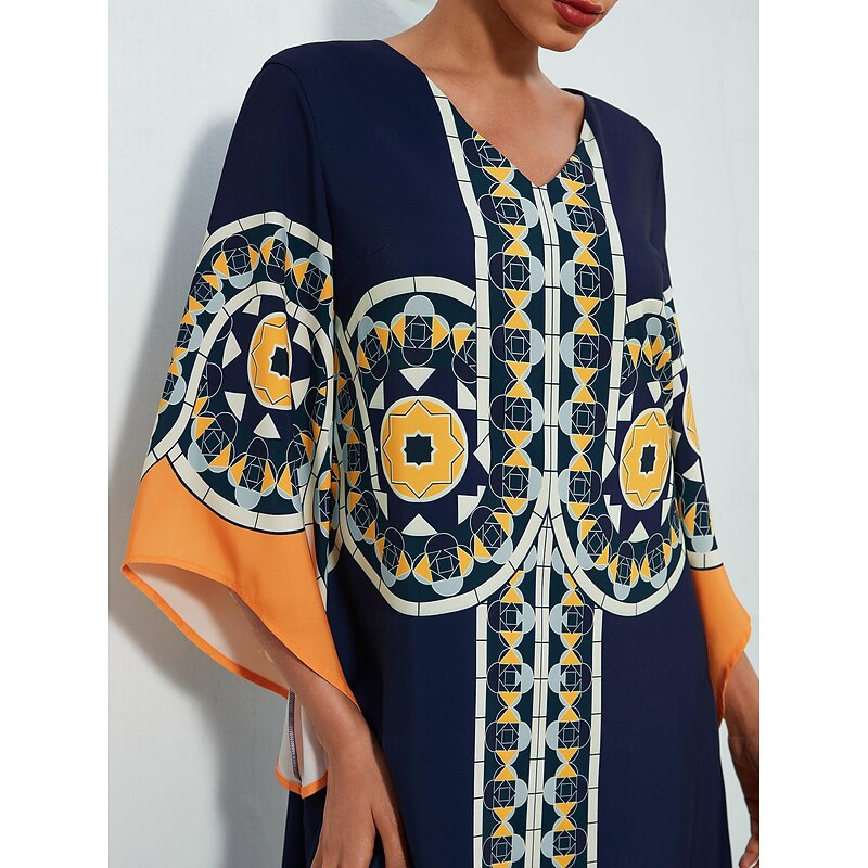 Satin Folk Print V Neck Maxi Dress3