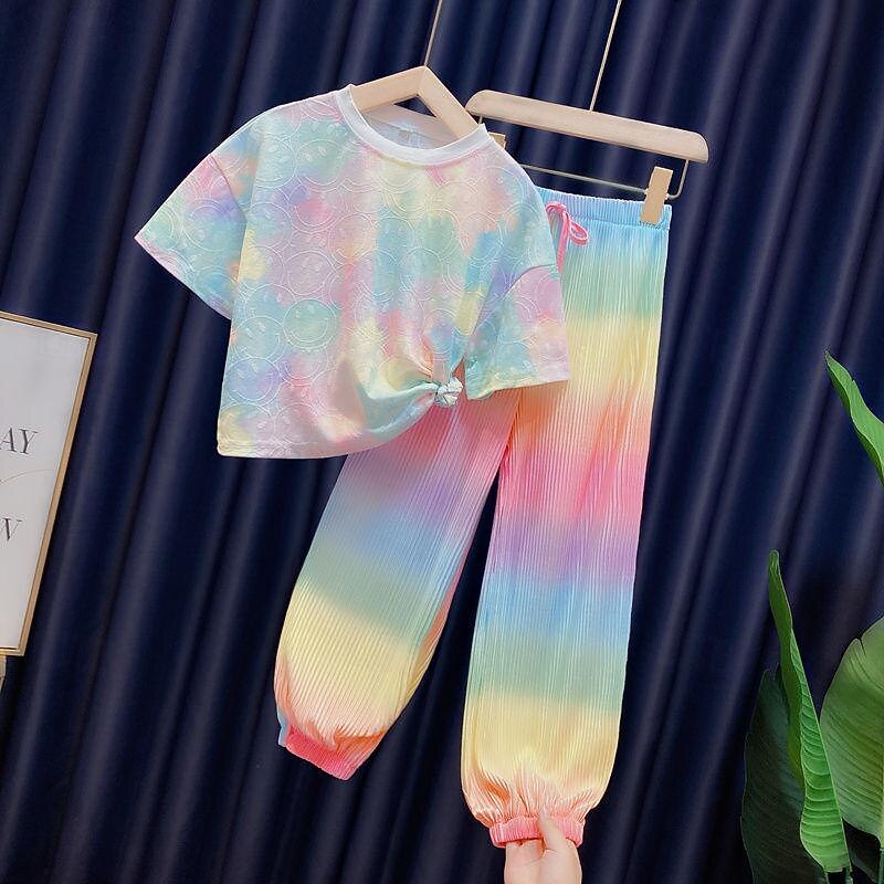 Girls' Summer Rainbow Suit Middle And Big Children's Clothing For Girls Tie-dye Sports 2-piece Sets Baby Girl Clothes4