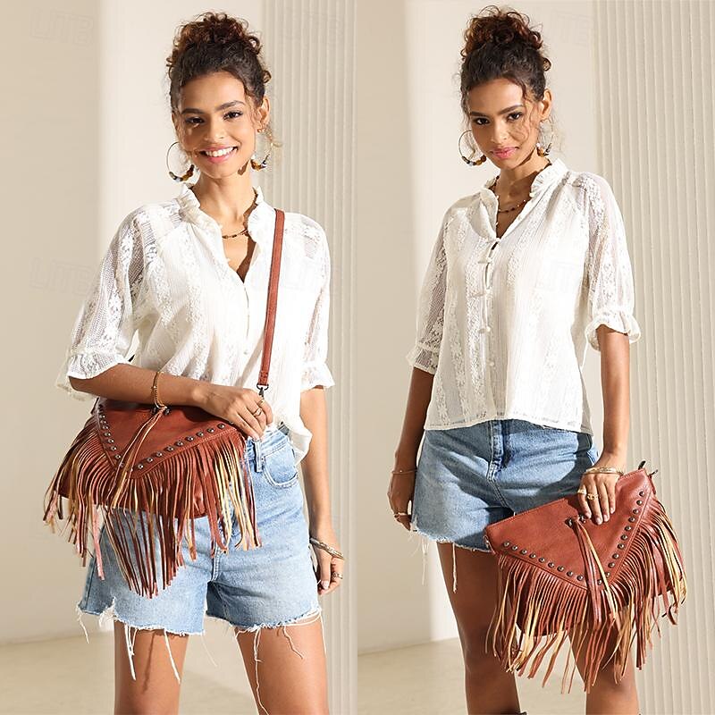 Women's Bohemian Style Leather Fringe Crossbody Bag with Studded Detail2