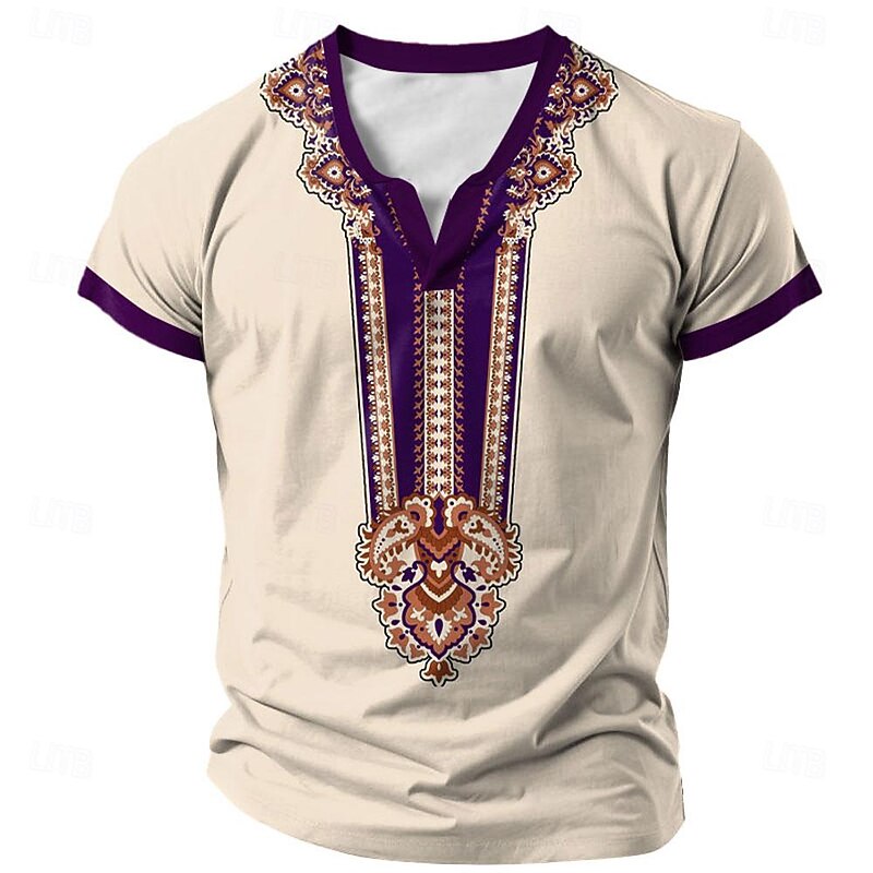 Men's Tribal T Shirt Short Sleeve 3D Print Vacation Fashion Ethnic Casual Summer Spring Khaki Henley Henley T-Shirt