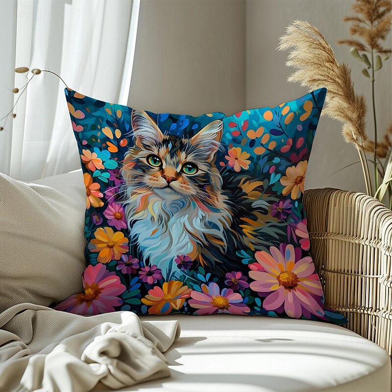 Flower Cat Decorative Toss Pillows Cover 4PC Soft Square Cushion Case Pillowcase for Bedroom Livingroom Sofa Couch Chair