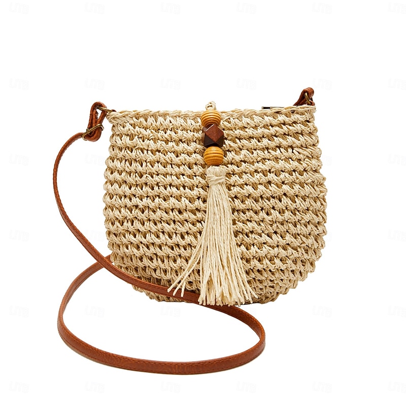 Women's Woven Straw Crossbody Bag – Boho Tassel Handbag with Bead Detail and Leather Strap for Summer Beach Trips and Casual Outings