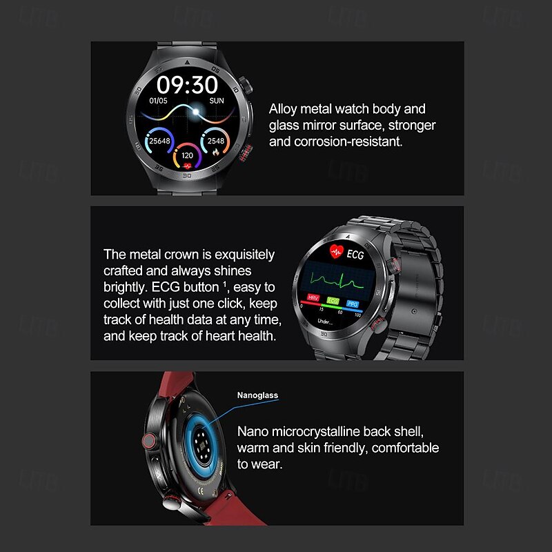 696 E800 Smart Watch 1.49 inch Smart Band Fitness Bracelet Bluetooth ECG+PPG Temperature Monitoring Pedometer Compatible with Android iOS Men Hands-Free Calls Message Reminder IP 67 46mm Watch Case4