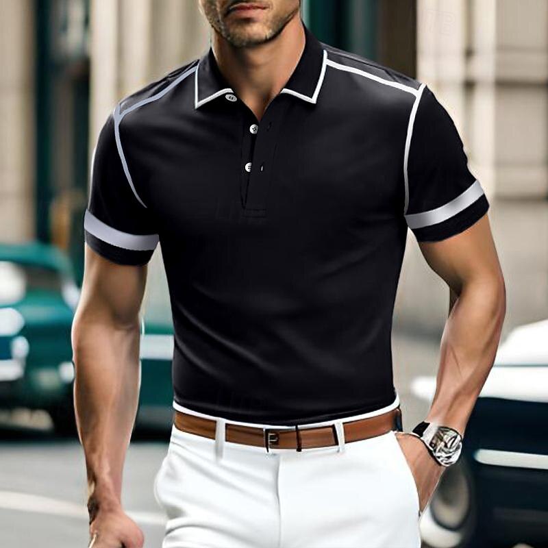 Men's Polo Business Polo Business Casual Lapel Classic Short Sleeve Color Block Button Summer Spring &  Fall Matt black Burgundy Navy Blue Polo