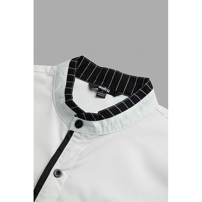 Men's Shirt Summer Shirt Dress Shirt Casual Shirt Band Collar Shirt Button Up Shirt White Burgundy Blue Long Sleeve Stripes Stand Collar Vacation Daily Splice Clothing Apparel Cotton Cotton Blend2