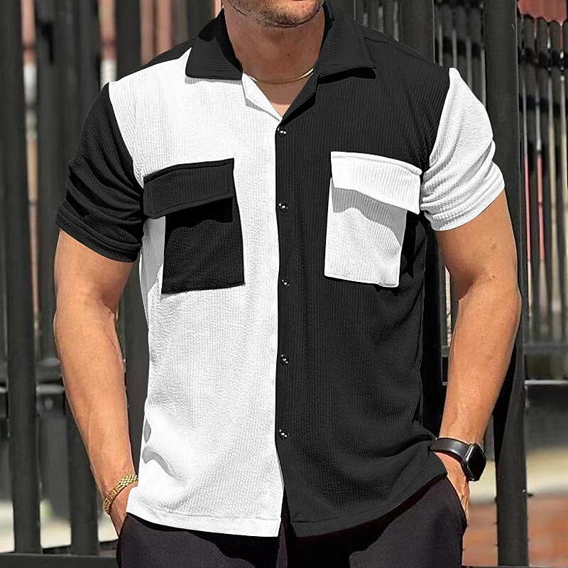 Men's Shirt Summer Shirt Casual Shirt Beach Shirt Button Up Shirt Black Blue khaki Short Sleeve Color Block Camp Collar Vacation Hawaiian Patchwork Clothing Apparel Polyester Fashion Casual3