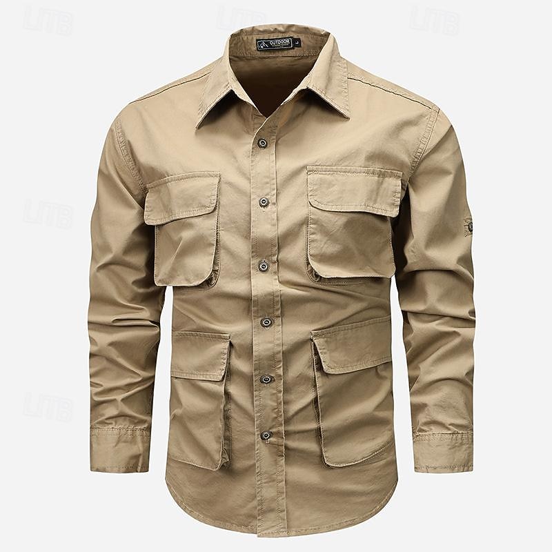 Men's Shirt Workwear Shirts Casual Shirt Work Shirt Button Up Shirt Cargo Shirt Black khaki Army Green Long Sleeve Plain Turndown Vacation Holiday Front Pocket Clothing Apparel Fashion Casual