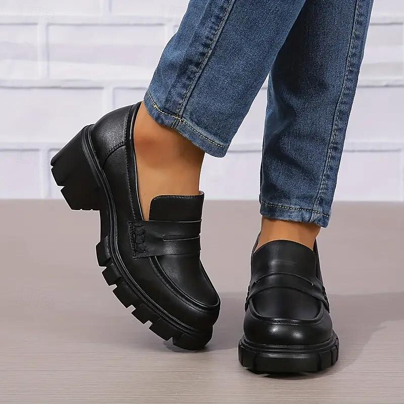 Women's Chunky Platform Loafers – Black Slip-On Round Toe Lug Sole Shoes for Casual & Office Wear2