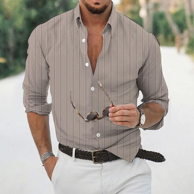 Men's Shirt Summer Shirt Casual Shirt Beach Shirt Button Up Shirt Striped Shirts Yellow Pink Coffee Light Blue Long Sleeve Stripes Turndown Vacation Hawaiian Button-Down Clothing Apparel Polyester2