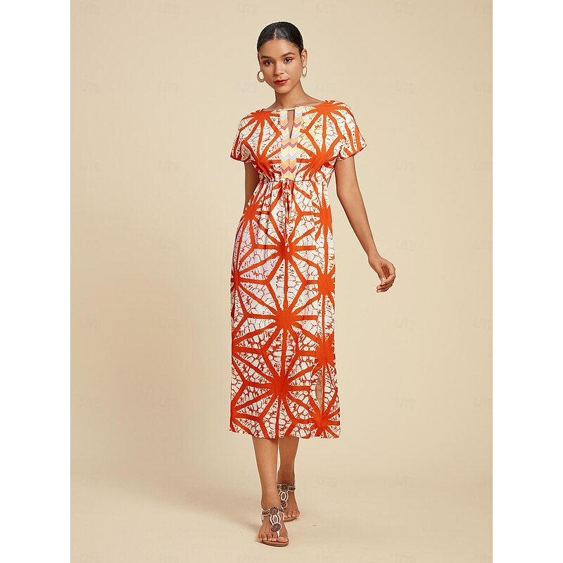 Satin Folk Drawstring Split Neck Midi Dress4