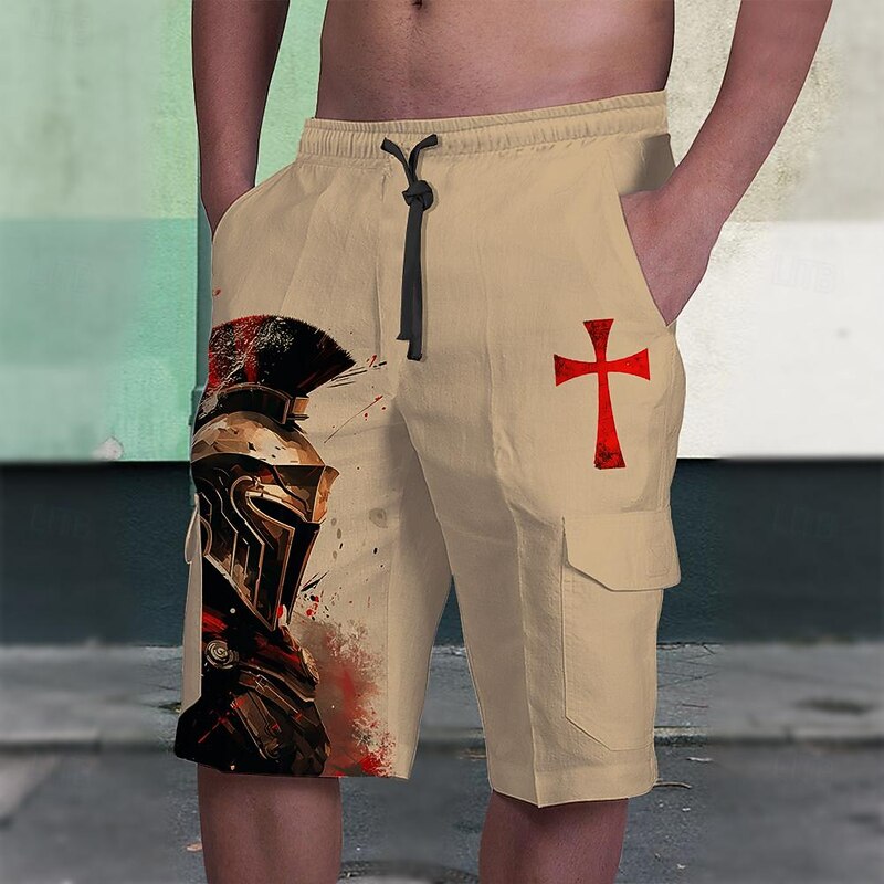 Cross Print Men's Shorts Summer Vintage Shorts Casual Shorts Side Pockets Drawstring Elastic Waist Breathable Soft Short Daily Holiday Bottoms